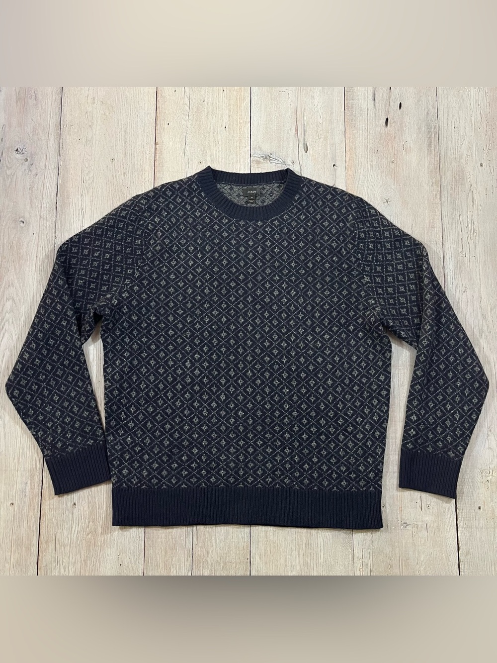 J.Crew Sweater Mens Blue Monogram Jacquard 100% Lambswool Crewneck Knit Size XL